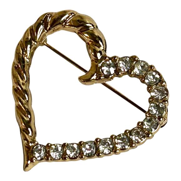 Vintage Gold Tone Clear CZ Heart Outline Brooch - Picture 2 of 5